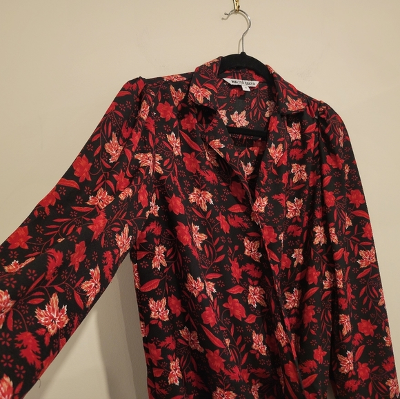Walter Baker Darla Floral Notch Lapel Bodysuit Red Long Sleeve Top Blouse s - Picture 5 of 11